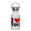 Metallic thermos (Stainless steel) White with wooden lid (bamboo), double-walled, 350ml