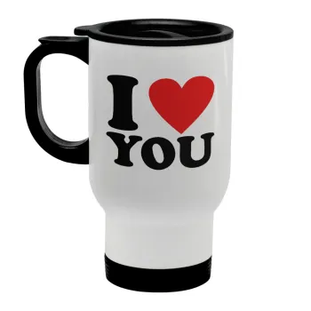 I LOVE YOU, Κούπα ταξιδιού ανοξείδωτη με καπάκι, διπλού τοιχώματος (θερμό) λευκή 450ml