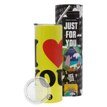 I LOVE YOU, Neon Yellow Travel Tumbler θερμό, μεταλλικό καλαμάκι(Ανωξείδωτο 304 Food grade, BPA free, 600ml)