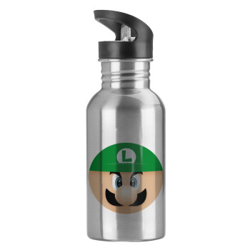 Luigi flat, Water bottle Silver with straw, stainless steel 600ml