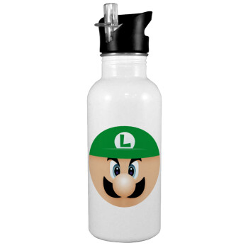 Luigi flat, White water bottle with straw, stainless steel 600ml
