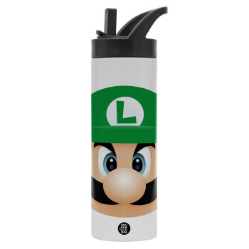 Luigi flat, Metallic thermos bottle with straw & handle, stainless steel (Stainless steel 304), double-walled, 600ml.