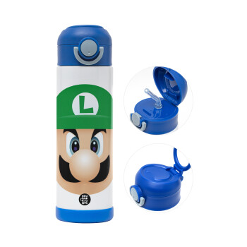 Luigi flat, Children's hot water bottle, stainless steel, with safety straw, BLUE (500ml)
