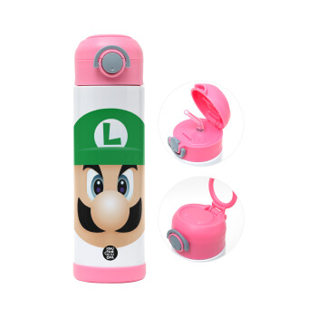 Luigi flat, Παιδικό παγούρι θερμό, ανοξείδωτο, με καλαμάκι ασφαλείας, ΡΟΖ (500ml)