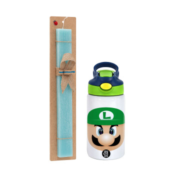 Luigi flat, Πασχαλινό Σετ, Παιδικό παγούρι θερμό, ανοξείδωτο, με καλαμάκι ασφαλείας, πράσινο/μπλε (350ml) & πασχαλινή λαμπάδα αρωματική πλακέ (30cm) (ΤΙΡΚΟΥΑΖ)