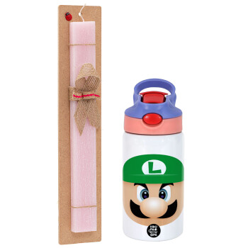 Luigi flat, Πασχαλινό Σετ, Παιδικό παγούρι θερμό, ανοξείδωτο, με καλαμάκι ασφαλείας, ροζ/μωβ (350ml) & πασχαλινή λαμπάδα αρωματική πλακέ (30cm) (ΡΟΖ)