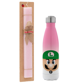 Luigi flat, Easter Set, Metallic pink/white (Stainless steel) thermos, double-walled, 500ml & aromatic flat Easter candle (30cm) (PINK)