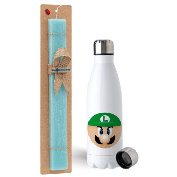 Luigi flat, Easter Set, metallic stainless steel water bottle (750ml) & aromatic flat Easter candle (30cm) (TURQUOISE)