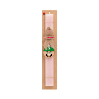 Luigi flat, Πασχαλινό Σετ, ξύλινο μπρελόκ & πασχαλινή λαμπάδα αρωματική πλακέ (30cm) (ΡΟΖ)