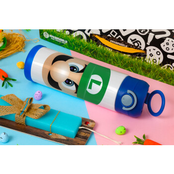 Luigi flat, Easter candle, Childrens hot water bottle, stainless steel, with safety straw, BLUE (500ml)
