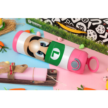 Luigi flat, Easter candle, Childrens hot water bottle, stainless steel, with safety straw, PINK (500ml)