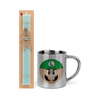 Luigi flat, Easter Set, metallic thermal cup (300ml) & aromatic flat Easter candle (30cm) (TURQUOISE)
