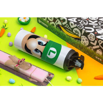 Luigi flat, Easter candle,Travel Tumbler 2 Lids, with metal straw & cleaning brush & aromatic flat candle (30cm) (PINK)