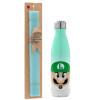 Easter Set, Metallic green/white thermos (Stainless steel), double-walled, 500ml & scented flat Easter candle (30cm) (TURQUOISE)