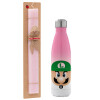 Easter Set, Metallic pink/white (Stainless steel) thermos, double-walled, 500ml & aromatic flat Easter candle (30cm) (PINK)