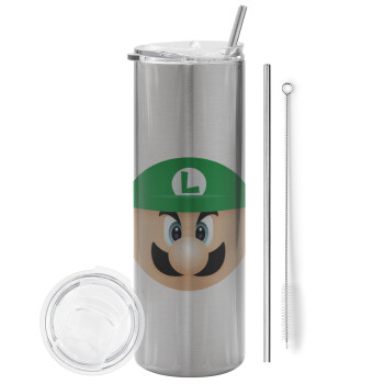 Luigi flat, Tumbler stainless steel Silver 600ml, with metal straw & cleaning brush