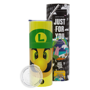 Luigi flat, Neon Yellow Travel Tumbler, with metal straw (Stainless steel 304 Food grade, BPA free, 600ml)