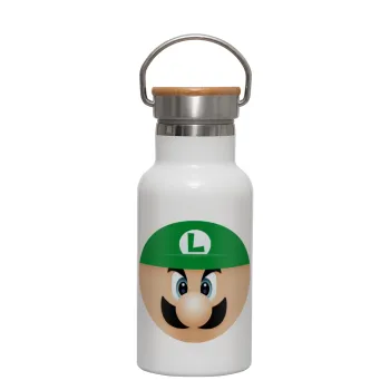 Luigi flat, Metallic thermos (Stainless steel) White with wooden lid (bamboo), double-walled, 350ml