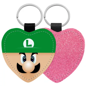 Luigi flat, Μπρελόκ PU δερμάτινο glitter καρδιά ΡΟΖ