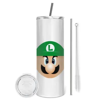 Luigi flat, Tumbler ποτήρι θερμό από ανοξείδωτο ατσάλι 600ml, με μεταλλικό καλαμάκι & βούρτσα καθαρισμού