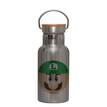 Luigi flat, Stainless steel metallic thermos flask, silver with a bamboo lid, double-walled, 350ml.