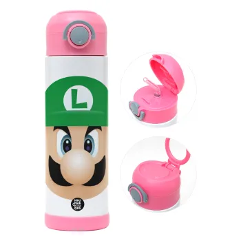 Luigi flat, Παιδικό παγούρι θερμό, ανοξείδωτο, με καλαμάκι ασφαλείας, ΡΟΖ (500ml)