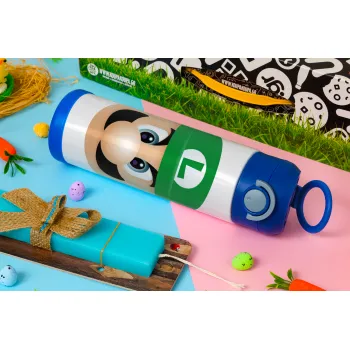 Luigi flat, Easter candle, Childrens hot water bottle, stainless steel, with safety straw, BLUE (500ml)