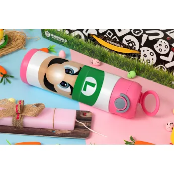 Luigi flat, Easter candle, Childrens hot water bottle, stainless steel, with safety straw, PINK (500ml)