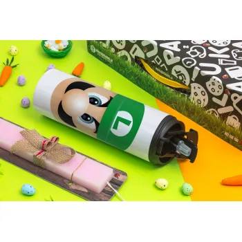 Luigi flat, Easter candle,Travel Tumbler 2 Lids, with metal straw & cleaning brush & aromatic flat candle (30cm) (PINK)