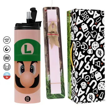 Luigi flat, Easter candle,Travel Tumbler 2 Lids, with metal straw & cleaning brush & aromatic flat candle (30cm) (PINK)
