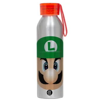 Luigi flat, Αλουμινένιο Αθλητικό Μπουκάλι 650ml – Ασημί με Κόκκινο Καπάκι και Λουράκι Σιλικόνης