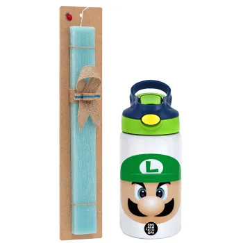 Luigi flat, Easter Set, Children's thermal stainless steel bottle with safety straw, green/blue (350ml) & aromatic flat Easter candle (30cm) (TURQUOISE)