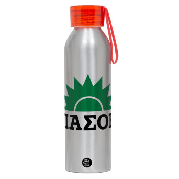 ΠΑΣΟΚ, Αλουμινένιο Αθλητικό Μπουκάλι 650ml – Ασημί με Κόκκινο Καπάκι και Λουράκι Σιλικόνης
