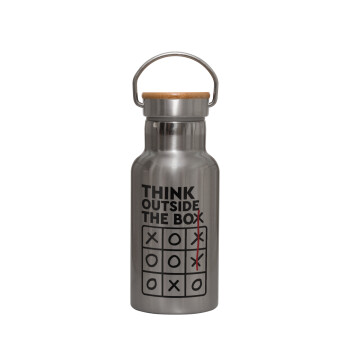 Think outside the BOX, Stainless steel metallic thermos flask, silver with a bamboo lid, double-walled, 350ml.