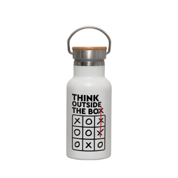 Think outside the BOX, Μεταλλικό παγούρι θερμός (Stainless steel) Λευκό με ξύλινο καπακι (bamboo), διπλού τοιχώματος, 350ml