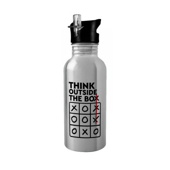Think outside the BOX, Water bottle Silver with straw, stainless steel 600ml