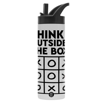 Think outside the BOX, Metallic thermos bottle with straw & handle, stainless steel (Stainless steel 304), double-walled, 600ml.