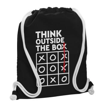 Think outside the BOX, Backpack pouch GYMBAG Black, with pocket (40x48cm) & thick white cords