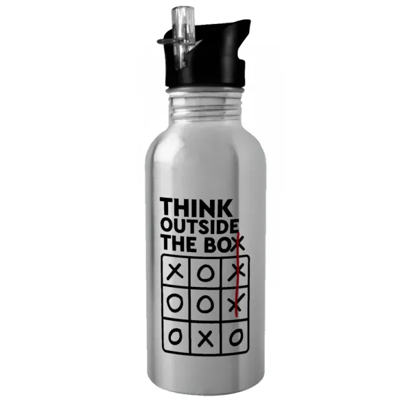 Think outside the BOX — Παγούρι νερού Ασημένιο με καλαμάκι, ανοξείδωτο ατσάλι 600ml
