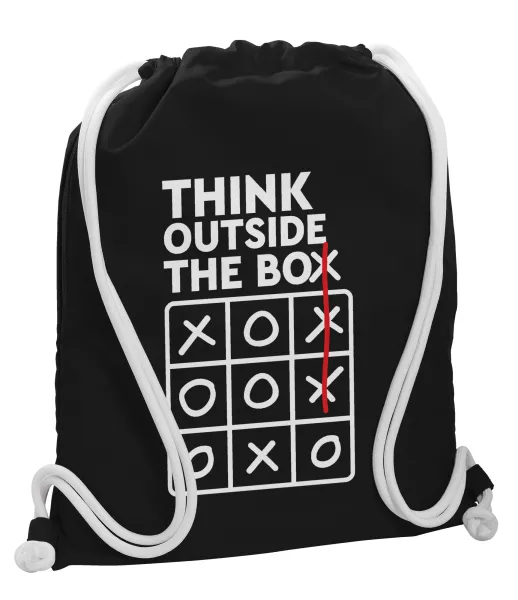 Think outside the BOX — Backpack pouch GYMBAG Black, with pocket (40x48cm) & thick white cords