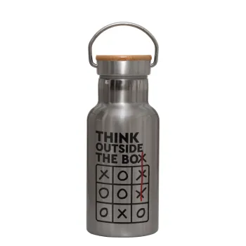 Think outside the BOX, Μεταλλικό παγούρι θερμός (Stainless steel) Ασημένιο με ξύλινο καπακι (bamboo), διπλού τοιχώματος, 350ml