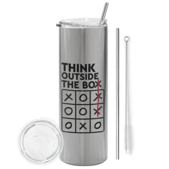 Think outside the BOX, Tumbler ποτήρι θερμό Ασημένιο από ανοξείδωτο ατσάλι 600ml, με μεταλλικό καλαμάκι & βούρτσα καθαρισμού