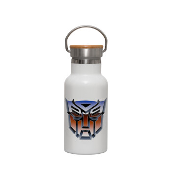 Transformers, Μεταλλικό παγούρι θερμός (Stainless steel) Λευκό με ξύλινο καπακι (bamboo), διπλού τοιχώματος, 350ml