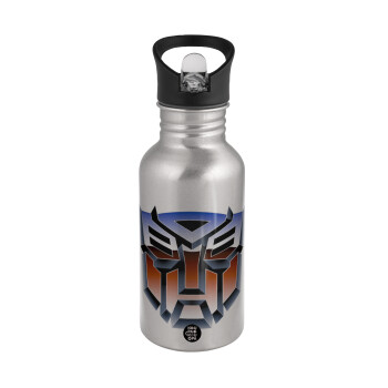 Transformers, Water bottle Silver with straw, stainless steel 500ml