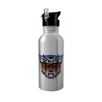 Transformers, Παγούρι νερού Ασημένιο με καλαμάκι, ανοξείδωτο ατσάλι 600ml
