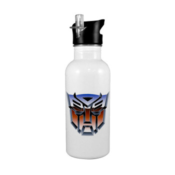 Transformers, White water bottle with straw, stainless steel 600ml