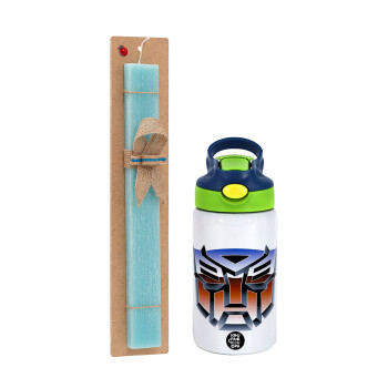 Transformers, Easter Set, Children's thermal stainless steel bottle with safety straw, green/blue (350ml) & aromatic flat Easter candle (30cm) (TURQUOISE)