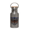 Stainless steel metallic thermos flask, silver with a bamboo lid, double-walled, 350ml.