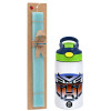 Easter Set, Children's thermal stainless steel bottle with safety straw, green/blue (350ml) & aromatic flat Easter candle (30cm) (TURQUOISE)