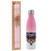 Easter Set, Metallic pink/white (Stainless steel) thermos, double-walled, 500ml & aromatic flat Easter candle (30cm) (PINK)